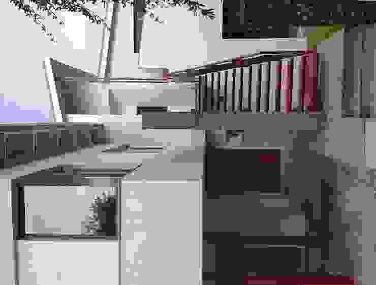main entrance to house and stairs to office Human Voice Architects 現代風玄關、走廊與階梯
