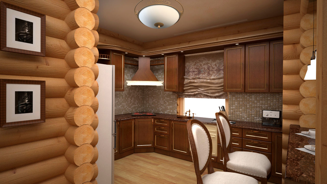 Кухонный гарнитур в деревянном доме из бревна фото проекты