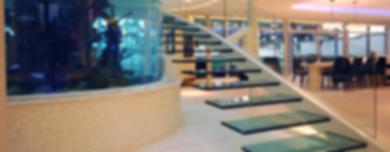 Helical glass staircase around giant fish tank Diapo Modern corridor, hallway & stairs