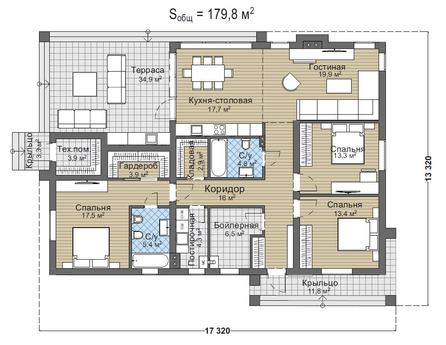 планировка дома одноэтажного с двумя спальнями и террасой гостиной кухней