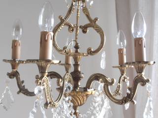 French solid bronze vintage crystal chandelier, 5 arms, 50s, gilded, great details, Paris apartment, Milan Chic Chandeliers Milan Chic Chandeliers