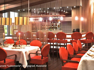 Innenarchitektonische Neugestaltung eines Clubs mit Restaurant "Lukomorie" - Wolgograd, Russland, GID / GOLDMANN-INTERIOR-DESIGN GID / GOLDMANN-INTERIOR-DESIGN Gewerbeflächen Holzwerkstoff Transparent