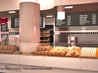 Innenarchitektonische Gesamtkonzeption Bäckerei Westermann - Dortmund, GID / GOLDMANN-INTERIOR-DESIGN GID / GOLDMANN-INTERIOR-DESIGN Spazi commerciali Legno composito Trasparente