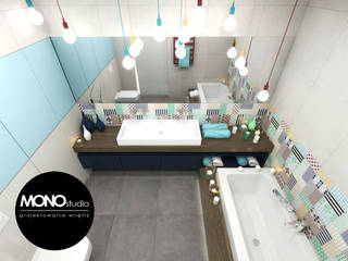 Kontrastowa kolorystyka z grą faktur i materiałów, MONOstudio MONOstudio Casas de banho modernas