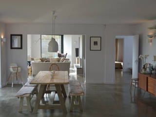 Open plan living on ground floor ArchitectureLIVE open space kitchen,open plan living,dining table,dining room,living room,polished concrete,concrete flooring