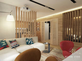 Однокомнатная квартира «Wood&Stone», Мастерская дизайна Welcome Studio Мастерская дизайна Welcome Studio Skandynawski salon