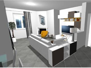 Home Shopper: appartamento di fascia medio-alto nei colori titanio e bianco, con un tocco di senape, Indefinito Indefinito Livings de estilo moderno