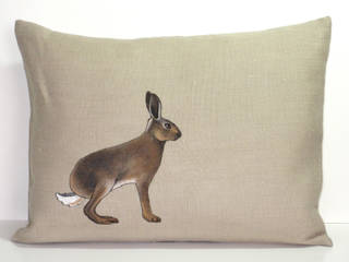 Hand Painted and Embroidered Hare Cushion, Lottie's Cottage Lottie's Cottage Country style living room