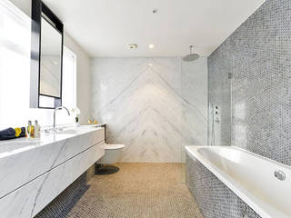 Dyed and pure white hexagon freshwater Mother of Pearl mosaics used by Investre , ShellShock Designs ShellShock Designs Modern bathroom