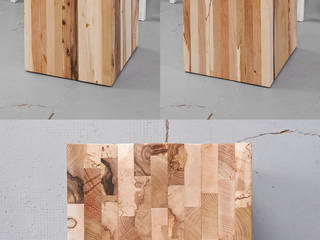 Holzwürfel mit Sitzmulde, Holzgeschichten Holzgeschichten Phòng khách phong cách tối giản