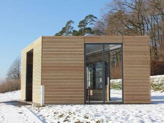 Design Pavillon Stahlkubus mit Holzbelattung FMH, Fellbacher Metall- und Holzbau GmbH Fellbacher Metall- und Holzbau GmbH Powierzchnie handlowe