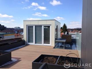 Saunahaus SQUARE XL auf der Dachterrasse - Fassade: beige HPL-Platten , SQUARE Saunahaus SQUARE Saunahaus Spa moderne