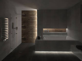 Łazienka w betonie i drewnie, KRY_ KRY_ Banheiros minimalistas