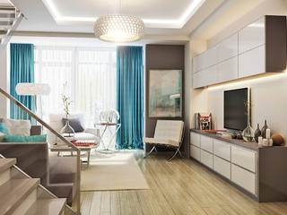Двухуровневая квартира в морском стиле, Студия дизайна ROMANIUK DESIGN Студия дизайна ROMANIUK DESIGN Phòng khách phong cách tối giản