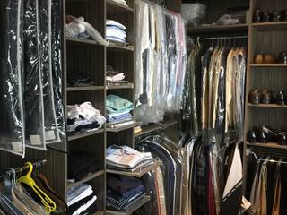 Grey-Beige Zebrano walk-in wardrobe with gold frame sliding doors, Sliding Wardrobes World Ltd Sliding Wardrobes World Ltd BedroomWardrobes & closets