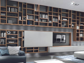 Wall hung TV unit and bookcase. Also with a glass sliding door to lower unit Lamco Design LTD Moderne Wohnzimmer TV- und Mediamöbel