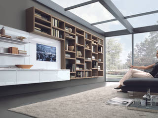 Wall hung TV unit and bookcase. Also with hidden storage for AV equipment. Lamco Design LTD Moderne Wohnzimmer TV- und Mediamöbel