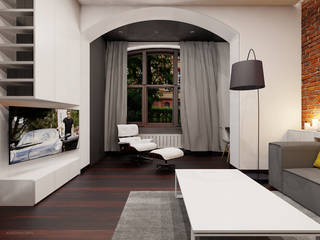 Prze aranżowanie salonu ze ścianą z luksferami i cegłą, Ale design Grzegorz Grzywacz Ale design Grzegorz Grzywacz Modern Living Room