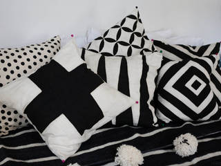 Georgeous Bedroom with Moroccan Pom Pom Blanket and stylish Black&White Cushions, M.Montague Souk M.Montague Souk Kamar Tidur Gaya Mediteran