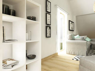 Salon z biurem i kuchnią na poddaszu - styl skandynawski, D2 Studio D2 Studio Livings de estilo escandinavo