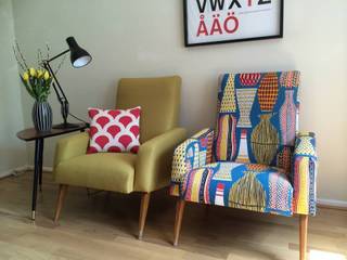 Pair of Mid Century French club chairs reupholstered in mustard wool and Sanderson Hayward fabrics, Eclectic Chair Upholstery Eclectic Chair Upholstery Living room