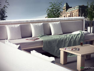 3D Render ARREDO INTERNI ED ESTERNI DI VILLA SINGOLA, ADVERTNEW ADVERTNEW Modern balcony, veranda & terrace