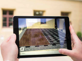 3D-Visualisierung auf dem Tablet megawood - Das Terrassensystem Gewerbeflächen Schulen