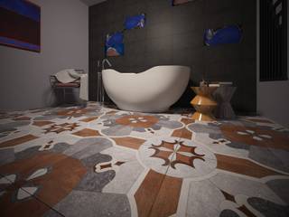 Ванная комната: охра и кобальт, PichuginaDesign PichuginaDesign ミニマルスタイルの お風呂・バスルーム
