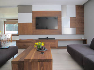 wnętrza z drewnem z orzecha amerykańskiego, Projekt Kolektyw Sp. z o.o. Projekt Kolektyw Sp. z o.o. Modern Living Room