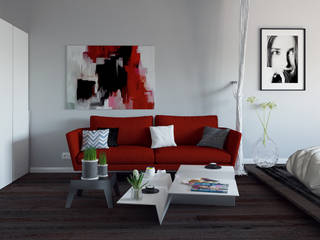 Квартира студия с бетонной стеной и яркими красными объектами, Nataly Liventsova Nataly Liventsova Eclectic style living room