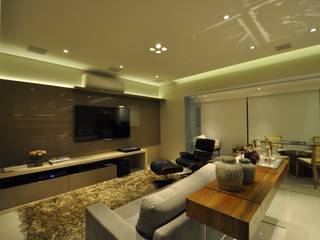 Apartamento rústico com toque moderno oferece conforto à recém-casados, Guido Iluminação e Design Guido Iluminação e Design Modern living room