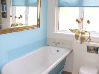 blue bathroom Style Within Baños modernos blue bathroom,classic bathroom,freestanding bath,tile in bath,corner bath,wall hung toilet,roller blind,blue roller blind,vinyl plank floor,painted bath,blue bath