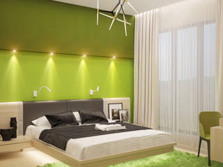 Яркие краски для спальни в стиле минимализм, Студия дизайна ROMANIUK DESIGN Студия дизайна ROMANIUK DESIGN ミニマルスタイルの 寝室