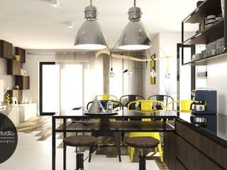 ​Surowe materiały z akcentem koloru i drewna, MONOstudio MONOstudio Industrial style kitchen