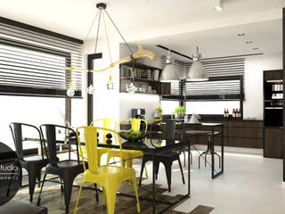 ​Surowe materiały z akcentem koloru i drewna, MONOstudio MONOstudio Industrial style dining room