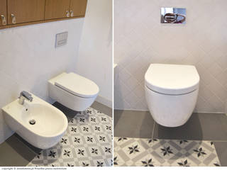 Łazienka - geometria w bieli, szarości i drewnie, DoMilimetra DoMilimetra Minimalist style bathroom White