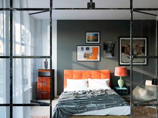 Atrevido Ático para Soltera en Colores Blanco, Negro y Naranja, Artur Akopov Artur Akopov Skandinavische Schlafzimmer
