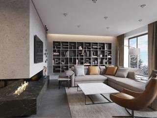 3D проект интерьера гостиной ,кухни и столовой зоны в загородном доме., Aleksandra Kostyuchkova Aleksandra Kostyuchkova Minimalist living room