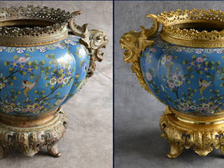 Dorure de la monture en bronze de style pseudo chinois d’un cache pot en émail cloisonné du XIXème siècle , Rodolphe Bellino Rodolphe Bellino