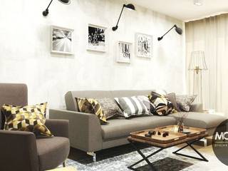 Komfortowe, niezwykle ciepłe wnętrza mieszkania na Czarodziejskiej sprzyjają relaksowi. , MONOstudio MONOstudio Salas de estar modernas