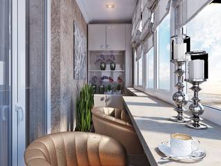 Достойный интерьер для маленького балкона, Студия дизайна ROMANIUK DESIGN Студия дизайна ROMANIUK DESIGN Hiên, sân thượng phong cách hiện đại