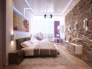 Дизайн спальни в современном стиле в ЖК "Новый город", Студия интерьерного дизайна happy.design Студия интерьерного дизайна happy.design Dormitorios de estilo moderno