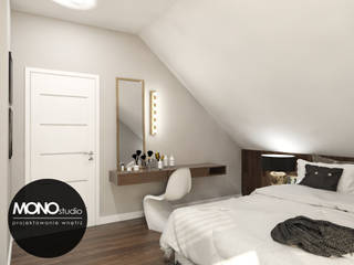 Elegancka, stylizowana sypialnia dla oryginalnego przedsiębiorcy., MONOstudio MONOstudio Camera da letto moderna PVC