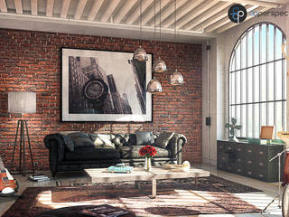 Salon avec un mur en briques - Living room with brick walls homify Maison en brique,red,livingroom,interior