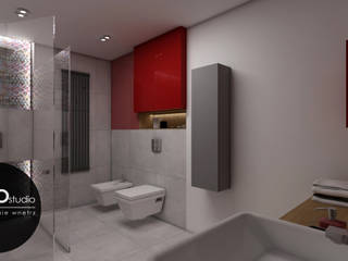 Nowoczesne zestawienie zimnej szarości z ciepłym kolorem w oryginalnej formie, MONOstudio MONOstudio Modern style bathrooms Wood-Plastic Composite