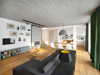 APARTAMENT_PODGÓRZE DUCHACKIE , motifo motifo モダンデザインの リビング