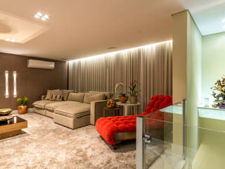 Home Theater, Flaviane Pereira Flaviane Pereira Salas de estar modernas Linho Rosa