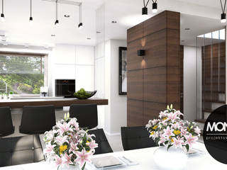 ​Nowoczesna otwarta na salon kuchnia w minimalistycznym charakterze z dodatkiem ciepłego drewna, MONOstudio MONOstudio Kitchen Wood-Plastic Composite