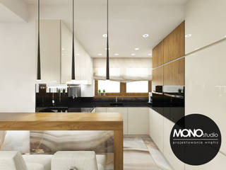 Nowoczesna otwarta na salon kuchnia w minimalistycznym charakterze, MONOstudio MONOstudio Kitchen Wood-Plastic Composite