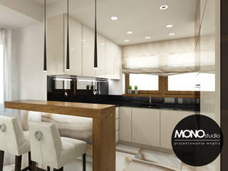 Nowoczesna otwarta na salon kuchnia w minimalistycznym charakterze, MONOstudio MONOstudio Cucina moderna PVC